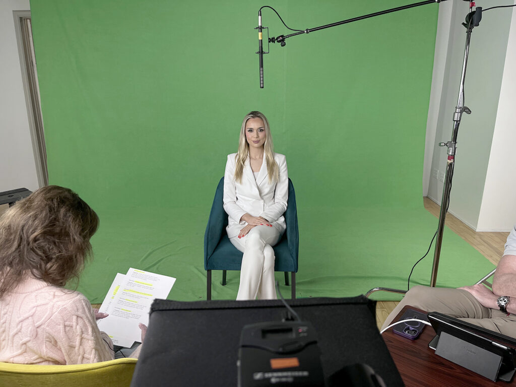 Samantha on set at BC Studio for Thomas Danaher, inventor of OKnet.